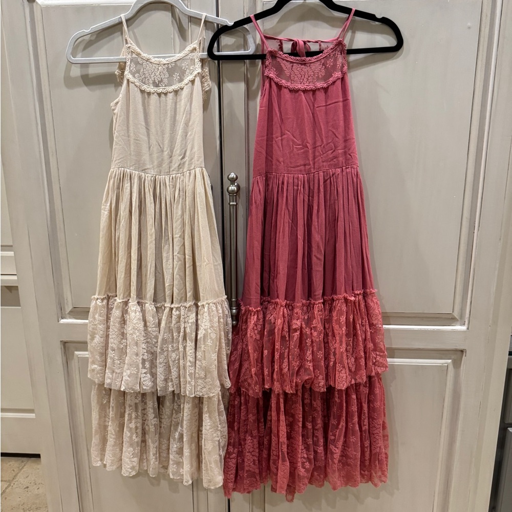Set of 2 Twins Joyfolie Cream and Pink Lace Girls Dresses Size 8